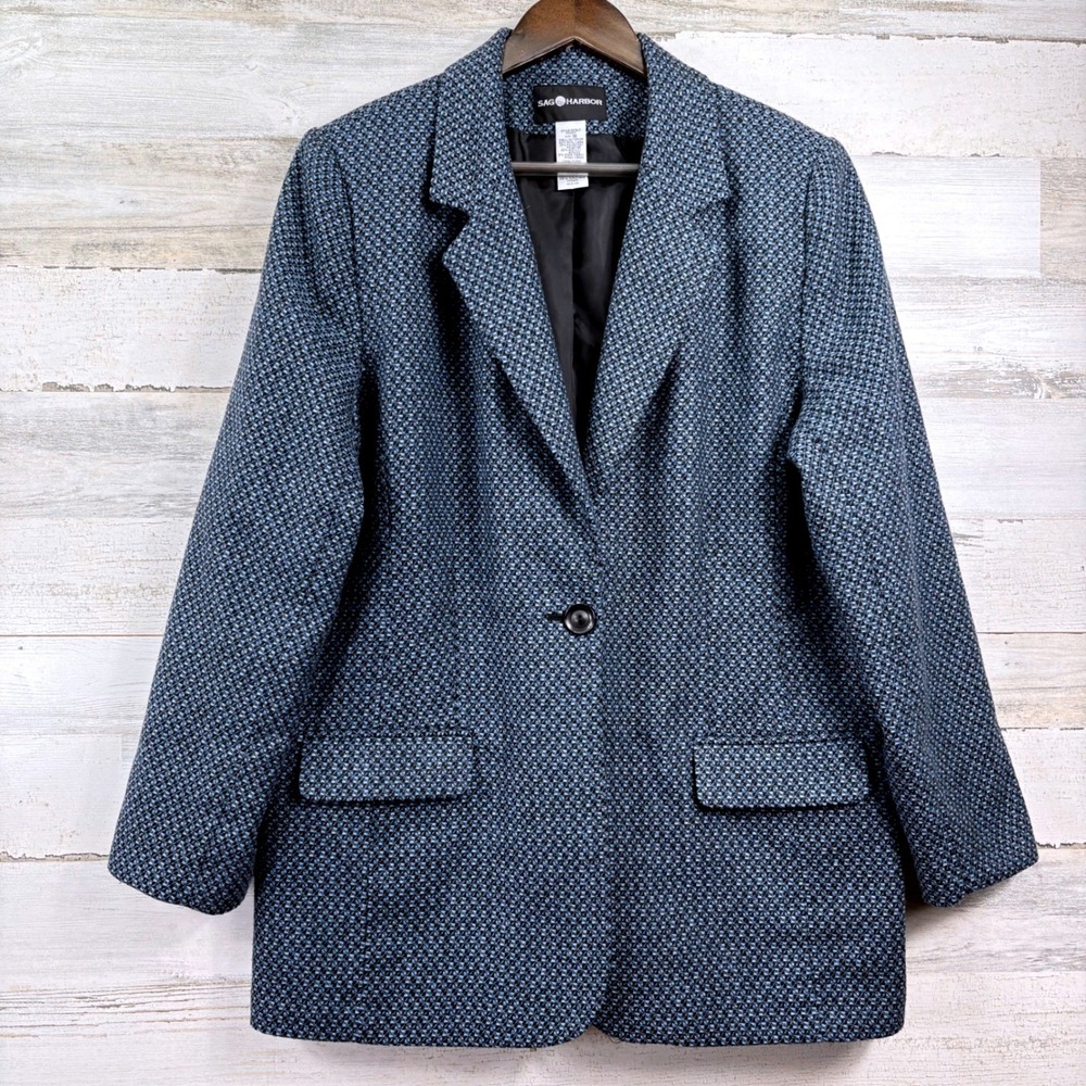 Sag Harbor Blazer Jacket Womens 16 Blue Wool Blend Textured Single Button Chic